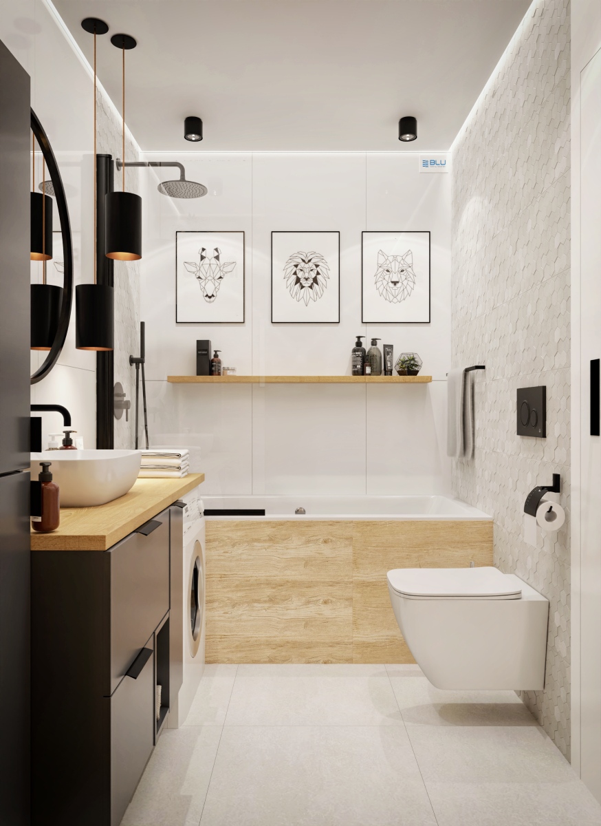 Skandynawska łazienka z białą ceramiką. 